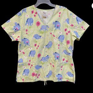Walt Disney Eeyore Scrub Top Shirt Size Large Green Floral Nurse Vet Tech Xray